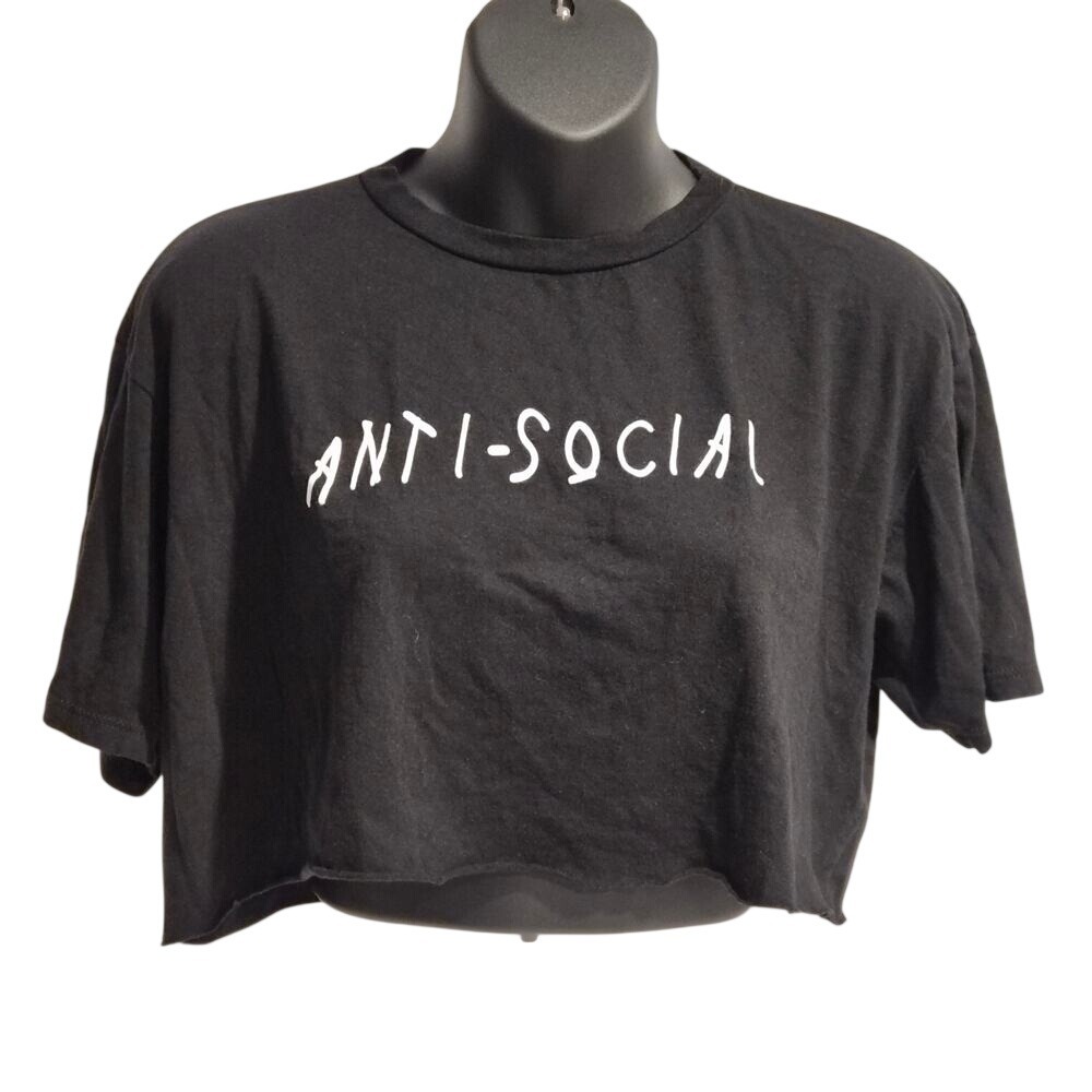 OOTDFash Anti-Social Graphic Crop Top Black Short Sleeve Tee Large